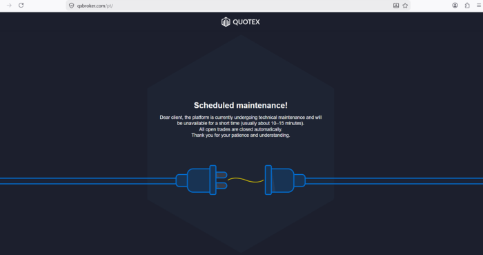 quotex fora do ar, mensagem